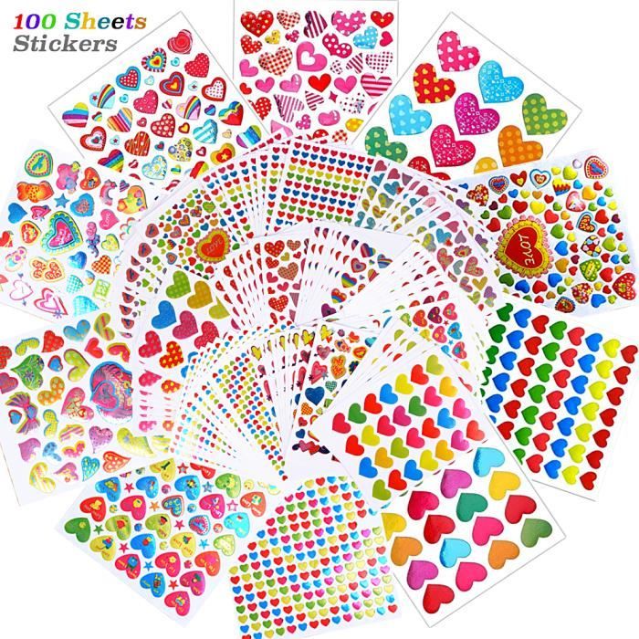 100 Feuilles Gommettes Enfant Autocollant Sticker Motif Coeur Fleur Adhésif  Decoration DIY Calendrier Album Photo Carte d`invitation