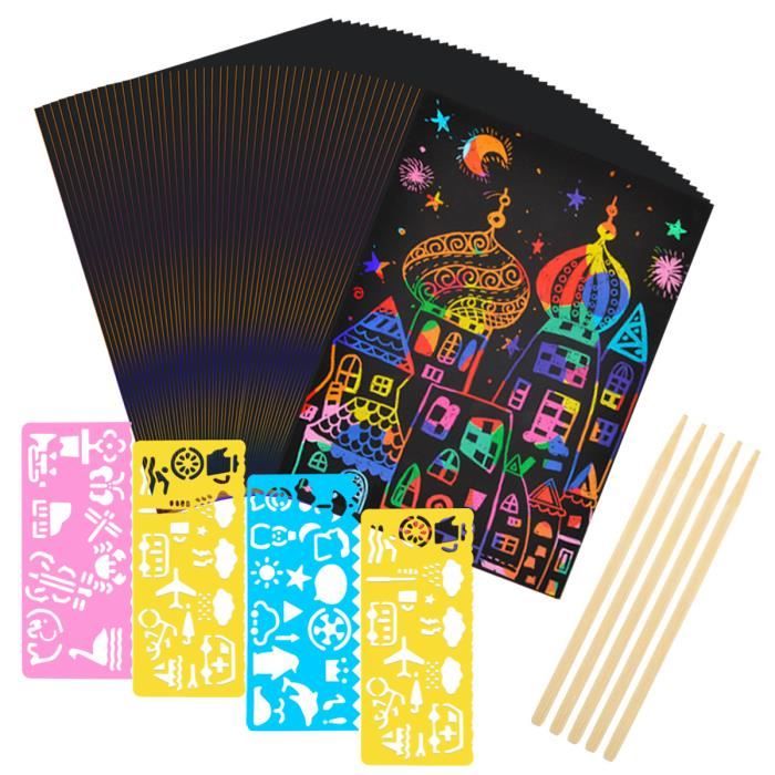 WELLXUNK 48PCS Noël Carte à Gratter,Noël Dessin Gratter,Noël Scratch Paper,48 Feuilles à Gratter Papier,48 Pièces Rubans Colorés,12 Pièces Stylet en Bois,pour Fourniture Enfants Fête Noël 
