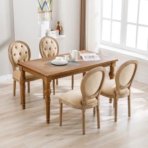 Lot de 4 chaises de cuisine salle à manger avec boutons capitonnés  rembourrée à dossier rond médaillon, pieds en bois massif, beige -  Cdiscount Maison