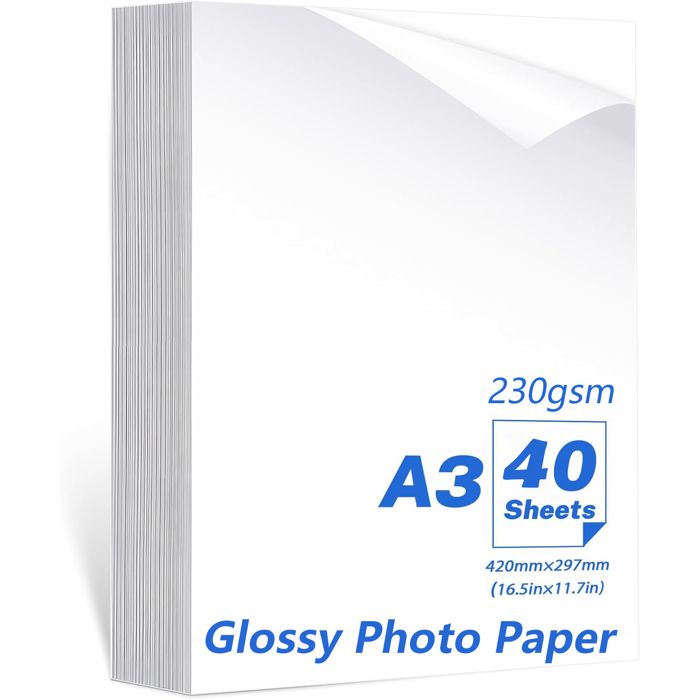 Papier Photo A3 Brillant 210 G/m² - 40 Feuilles, Imperméable, Séchage Immédiat - Pour Imprimantes Jet D'Encre