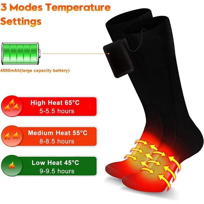 Chaussettes Chauffantes Rechargeables 4500mAh Pour Homme Et Femme – 3 Niveaux Température, Lavables, Pour Ski/Camping