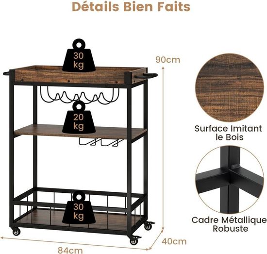COSTWAY Chariot De Bar, 3 Niveaux Avec Plateau Amovible, Casier à Vin