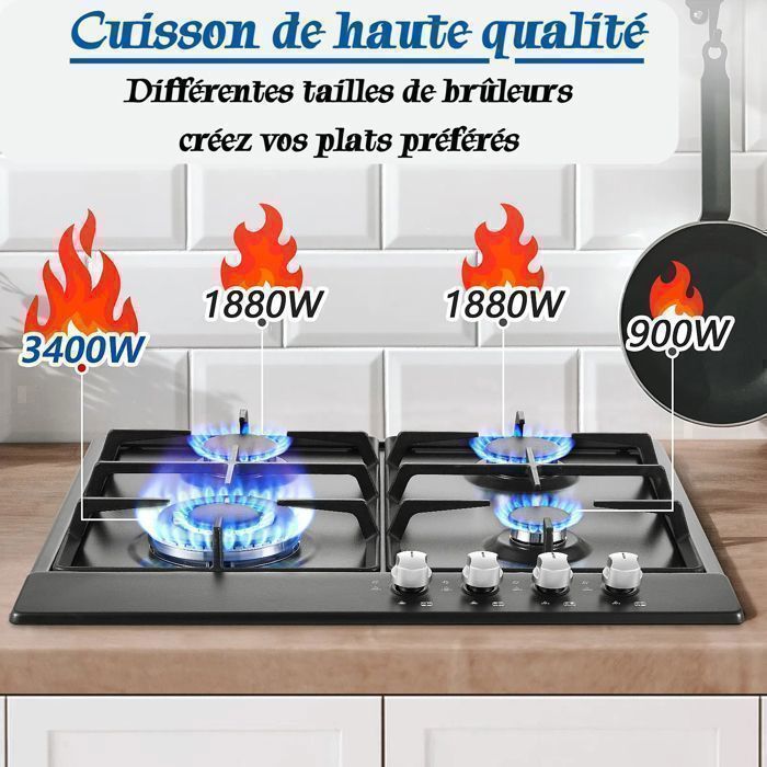 TopStrong Plaque Cuisson Gaz 4 Feux 60cm - Sécurité Thermocouple Verre Noir 8060W