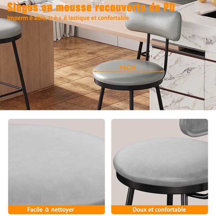 RELAX4LIFE - Lot De 2 Tabourets De Bar Pivotants 71,5 Cm - Simili Cuir, Repose-pieds, Cadre Métal - Noir