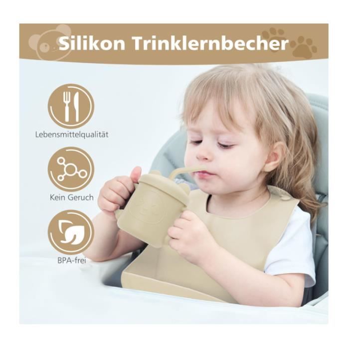 Tasse D'Apprentissage Bébé Silicone 180 Ml - 2 En 1 Paille Anti-Noyade & Bec Souple - Poignées Ergonomiques - Marron/Beige
