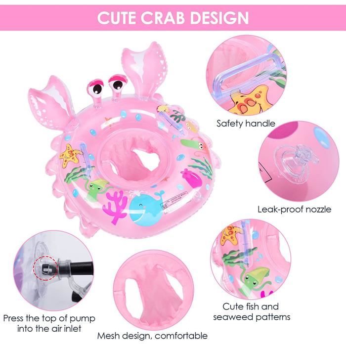 Bouée Bébé Crabe Rose Avec Pompe – Siège Gonflable Piscine Pour 6-36 Mois, PVC Solide Et Sécurisé
