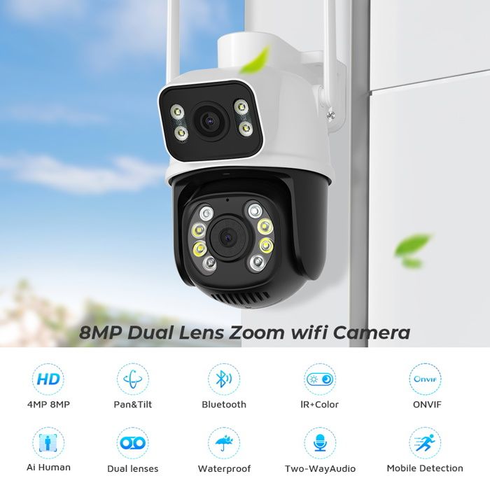 BEENOZO 8MP Camera Surveillance WiFi Exterieure Sans Fil Avec Double Objectif,8X Zoom Hybride,360° PTZ Caméra Interieure,Suivi Automatique,avec Panneau Solaire,Nocturne Couleur,Sirène,Audio Bidire