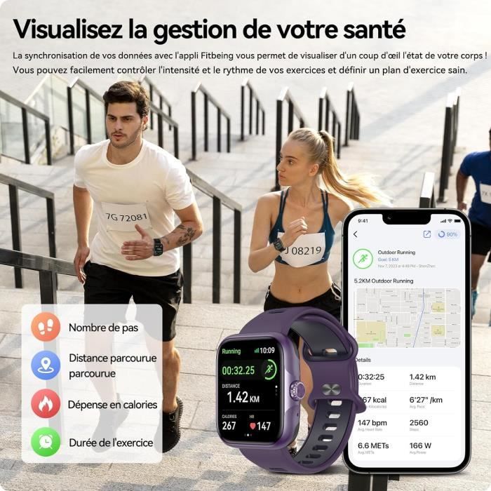 Montre Connectée 1.85" HD - Appels Bluetooth, 140+ Modes Sport, Moniteur Fréquence Cardiaque/sommeil, étanche IP68, Compatible Android/iOS
