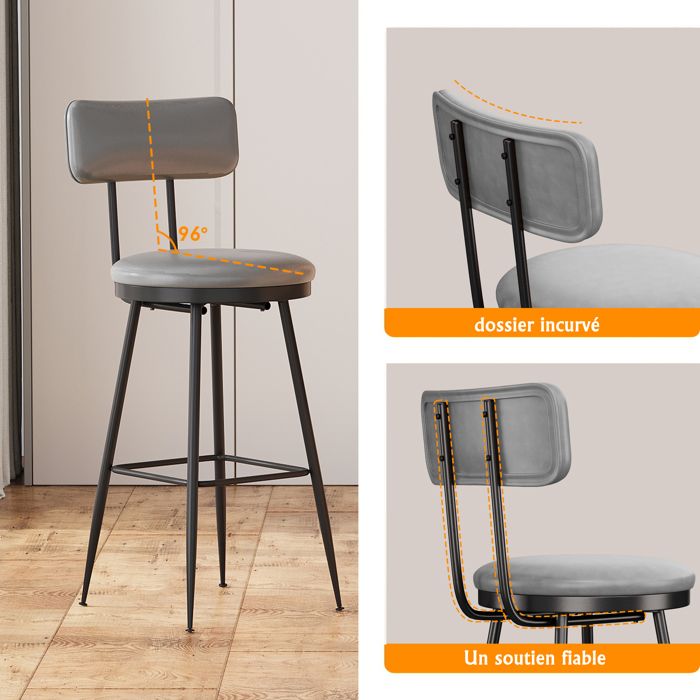 2 Tabourets De Bar Pivotants 71,5 Cm - Simili Cuir Rembourré - Repose-pieds - Charge 150 Kg - Noir/marron - 7