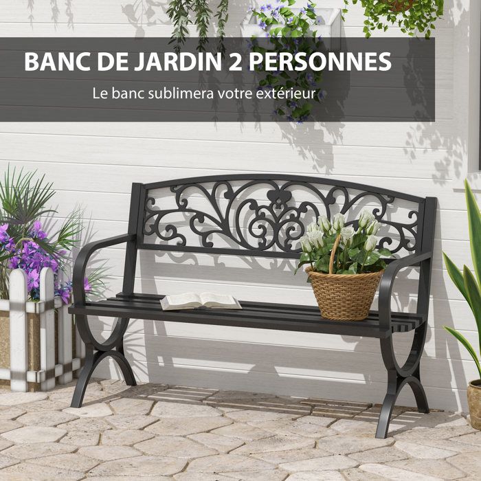 Outsunny Banc Jardin 3 Places Métal Époxy Anticorrosion - Banc Extérieur Cosy Chic 127cm Noir