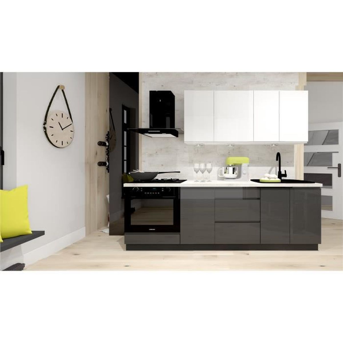 CUISINE COMPLETE NINA GRIS BLANC LAQUE 2M40 7 MEUBLES Cdiscount Maison