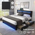 Lit coffre - TKOPY - Lit adulte double 140x190 cm avec LED et USB - Lit rembourré avec 4 tiroirs et charge sans fil - PU Noir