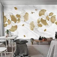 Papier peint Mural personnalisé 3D doré feuille de Ginkgo oiseau marbre salon Tv canapé chambre fond de séjour Chambre à coucher