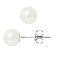 PERLINEA - Clous d'Oreilles - Véritables Perles de Culture d'Eau Douce Rondes 7-8 mm Blanc Naturel - Bijoux Femme
