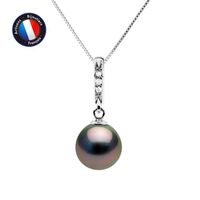 PERLINEA - Collier Perle de Culture de Tahiti A+ - Semi-Ronde 8-9 mm - Diamant 0,030 Cts - Or Blanc - Bijoux Femme