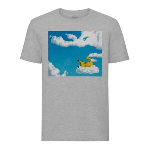 T-SHIRT T-shirt Homme Col Rond Gris Pokemon Pikachu Dors Sur Un Nuage