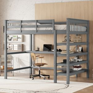 Lit Mezzanine Bois Avec Bureau Et Tiroirs - 140x200 Cm, Sans Matelas