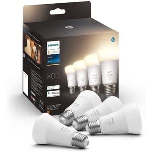 AMPOULE INTELLIGENTE Philips Hue White, ampoule LED connectée E27, équivalent 60W, 800 lumen, compatible Bluetooth, Pack de 4
