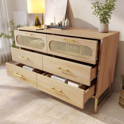 Commode 6 Tiroirs En Bois Et Rotin - Meuble Rangement 100x34x73cm Pour Chambre Ou Salon | Style Médiéval