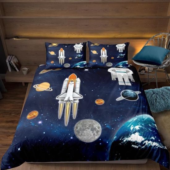 Parure De Lit 3 Pièces Imprimée Galaxie Planètes – Thème Spatial, Vue Terre Depuis La Lune – Housse De Couette + Taies D'oreiller - 5