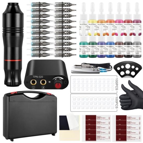 Kit Complet Machine à Tatouer Rotative - Stylo, Alimentation, Encres, Aiguilles - Professionnel