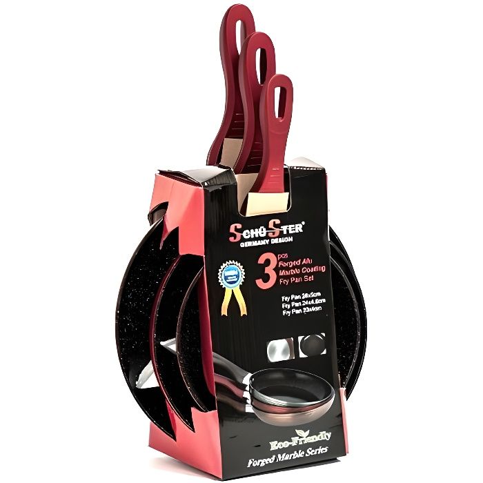 Lot de 3 poêles à frire Revêtement Anti-adhésif- Ø 20/24/28 cm - Rouge - Tous feux dont induction