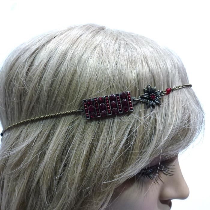 Headband/bandeau en métal et joli bijou strass bordeaux sur le côté