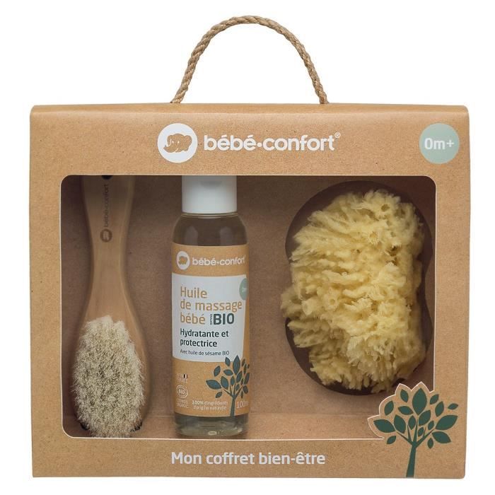 BEBE CONFORT COFFRET CADEAU SOIN BEBE : HUILE DE MASSAGE BEBE BIO + EPONGE + BROSSE EN BOIS