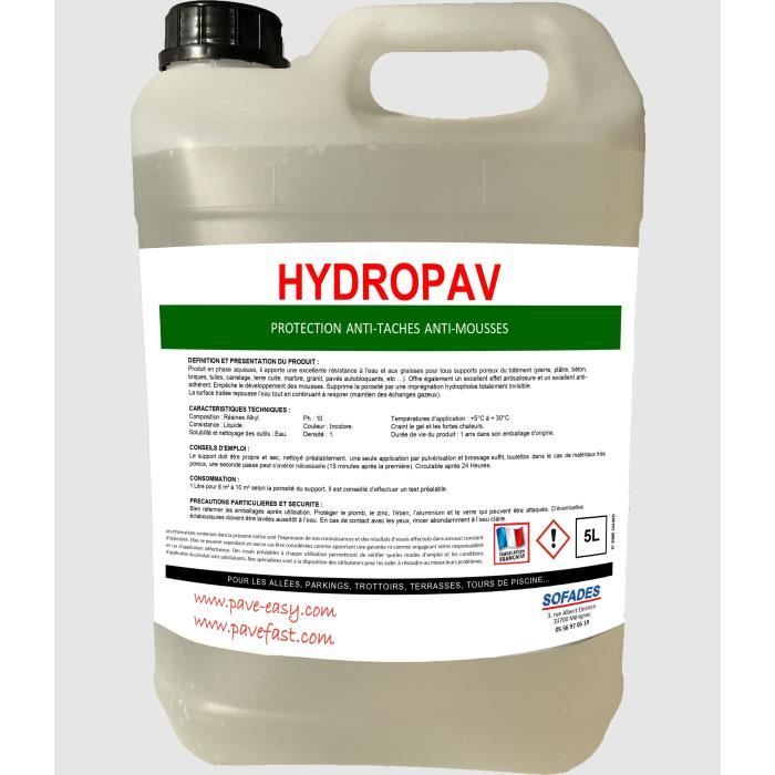 Hydrofuge 5L (=40/50 m2) anti-tâches anti-mousses fini mat pour sols extérieurs type PAVEFAST, PAVE-EASY, PAVEFORM, pierre naturelle
