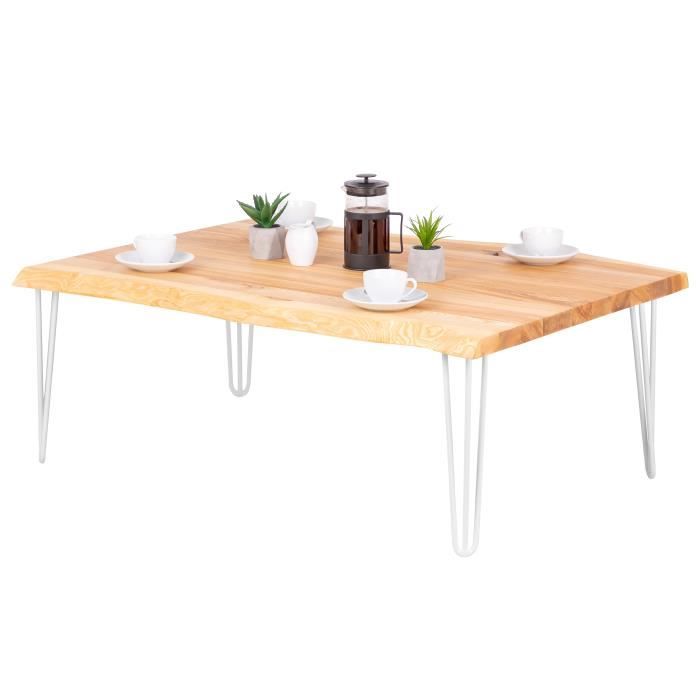 LAMO MANUFAKTUR Table basse en bois - salon - bord naturel - 120x80x47cm - frêne naturel - pieds métal blanc - modèle creative