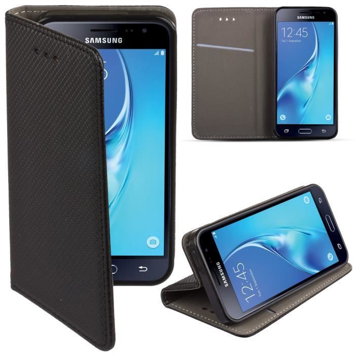 Etui Samsung Galaxy J3 2016 a rabat Noir - Housse Étui fin Smart magnétique de Moozy® avec Stand pliant et support de téléphone e...