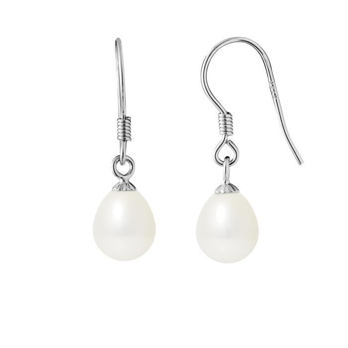 PERLINEA - Boucles d'Oreilles - Véritables Perles de Culture d'Eau Douce Blanc Naturel - Argent 925 Millièmes - Bijoux Femme