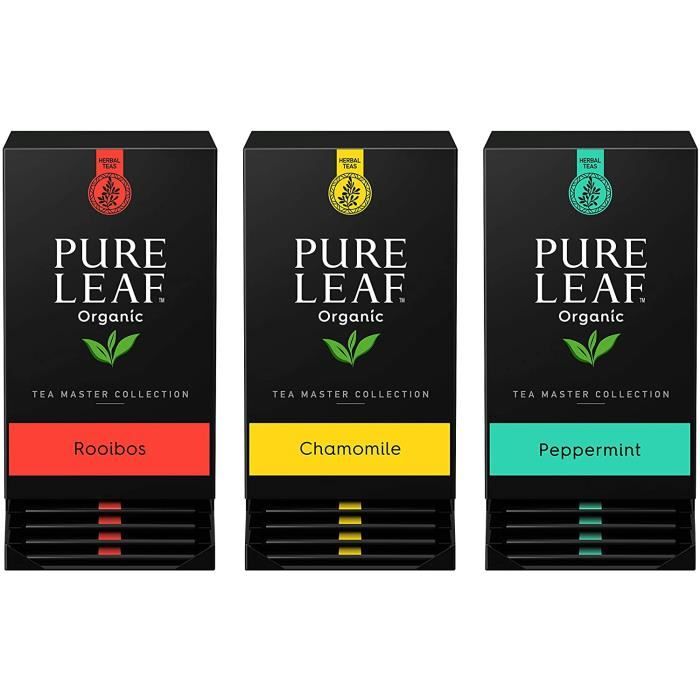 PURE LEAF Assortiment 3 Infusions BIO Camomille, Menthe Poivrée, Rooibos, Infusions Bien-être, sans caféine (3x20 sachets)