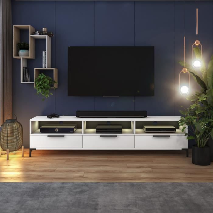 Meuble tv - RIKKE - 160 cm - blanc mat / blanc brillant - avec LED