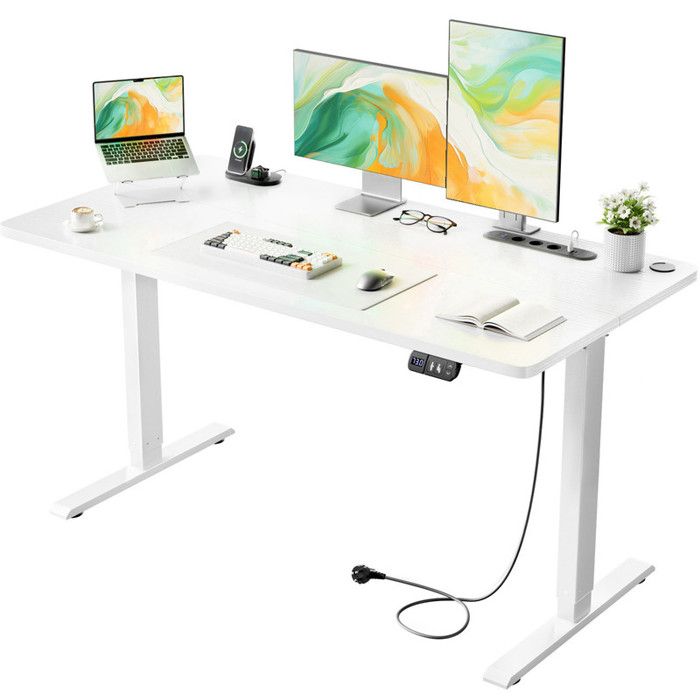HLONONE Bureau Assis Debout Electrique 120 x 60 cm Hauteur Réglable 72-117 cm avec Prise Intégrée & Port USB Mémoire Blanc