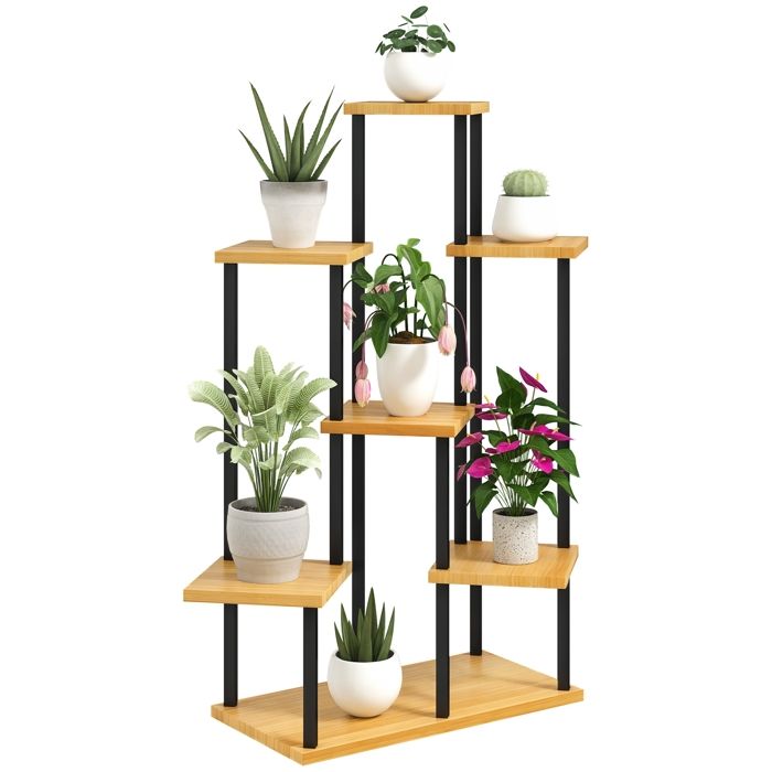 Support à plantes - Outsunny - 7 niveaux - pour intérieur et extérieur - étagère plante en acier et bois - bois naturel