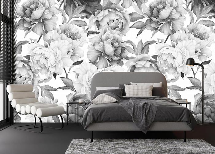 Papier peint panoramique fleur d'Art en noir et blanc soie 350×256 cm ...