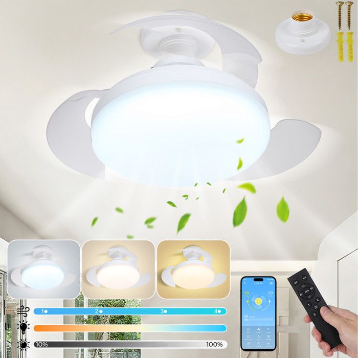 Ventilateur de Plafond avec lumière LED 48W Pales Rétractables Températures de Couleur Réglables 4 Vitesses pour Chambre Salon - Rosnek