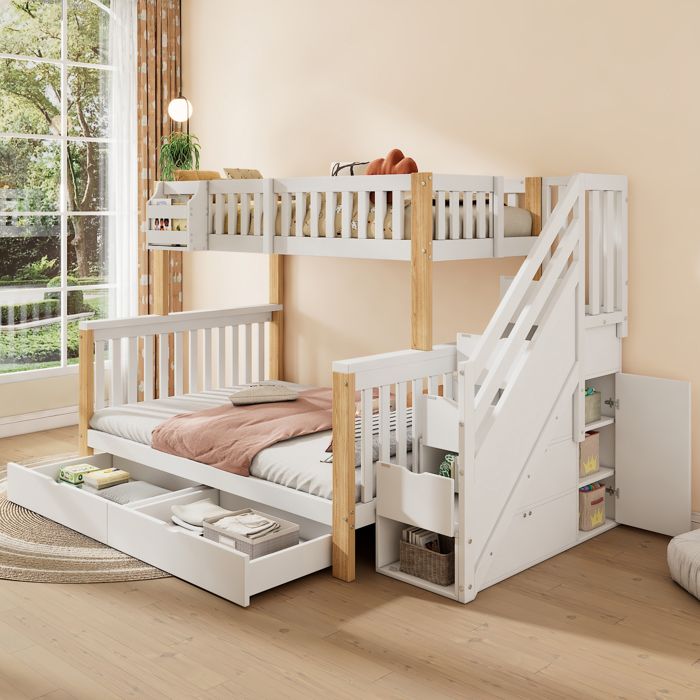 Lit superposé enfant double multifonction - Panier & tiroir de rangement - Armoire escalier - Blanc + Naturel - Sans matelas Lit superposé enfant double multifonction - Panier & tiroir de rangement - Armoire escalier - Blanc + Naturel - Sans matelas