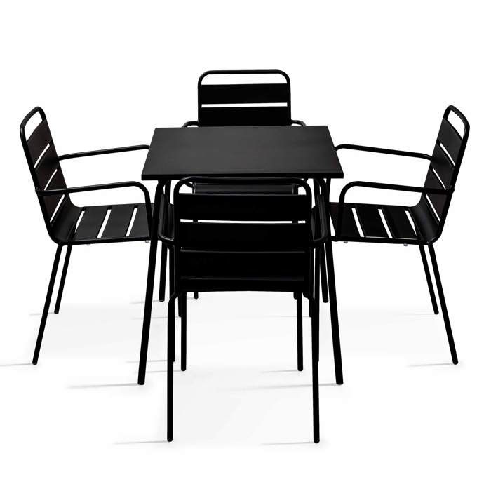 Ensemble table de jardin carrée et 4 fauteuils acier 70 cm noir Palavas Oviala