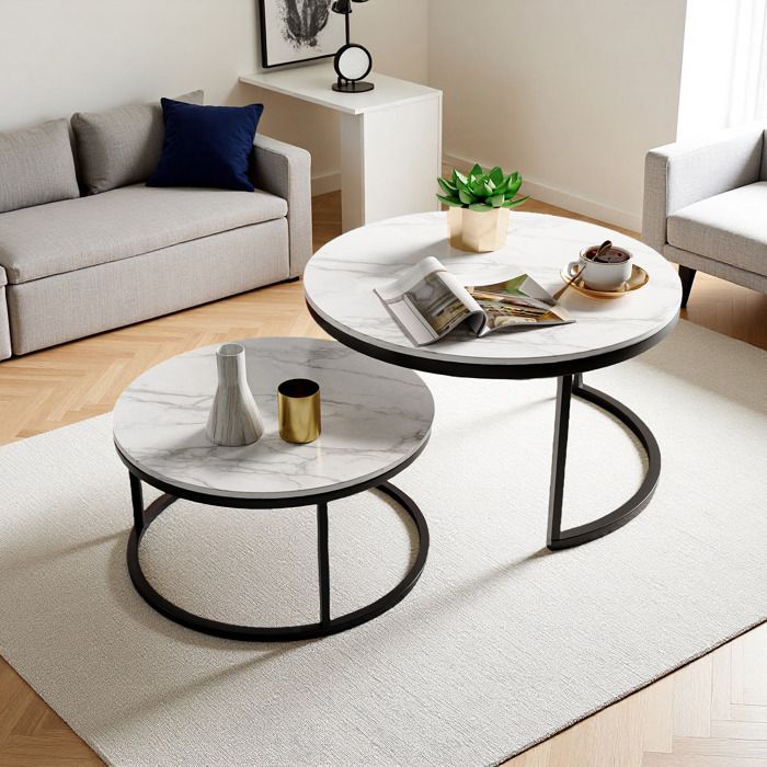 Table basse salon - Lot de 2 - Ronde - Métal - Blanc et noir