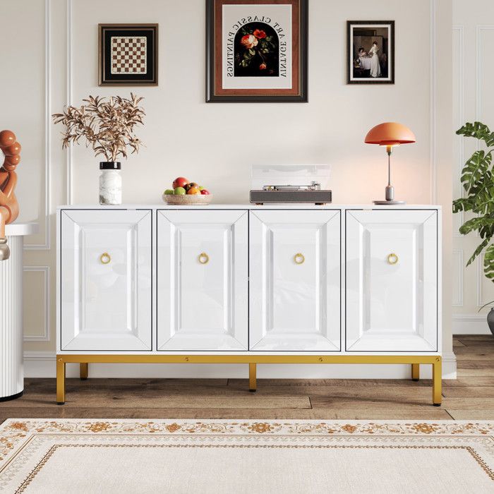 Buffet - Blanc et Or - Pieds dorés - Surface brillante - 140x80x40cm