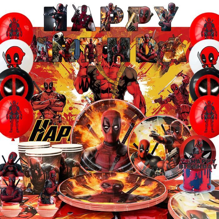 Décorations danniversaire - INBOXXARTY - Kit Deadpool - Vaisselle jetable - 12 ballons - Banderole & nappe