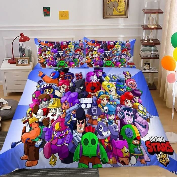 Parure De Lit BRAWL STARS 135x200cm + Taie 80x80cm - 100% Coton, Motif Gamer - Pour Adolescent, Enfant