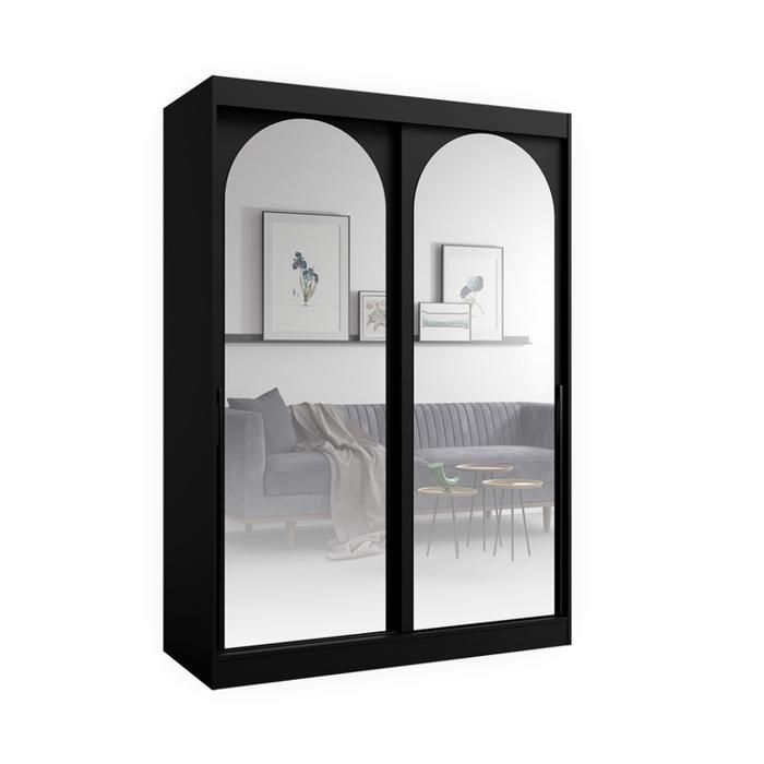Bibliothèque en bois noir - OTITEC - 215x150x65 cm - Noir - Prêt à monter - Portes coulissantes - Miroirs intégrés