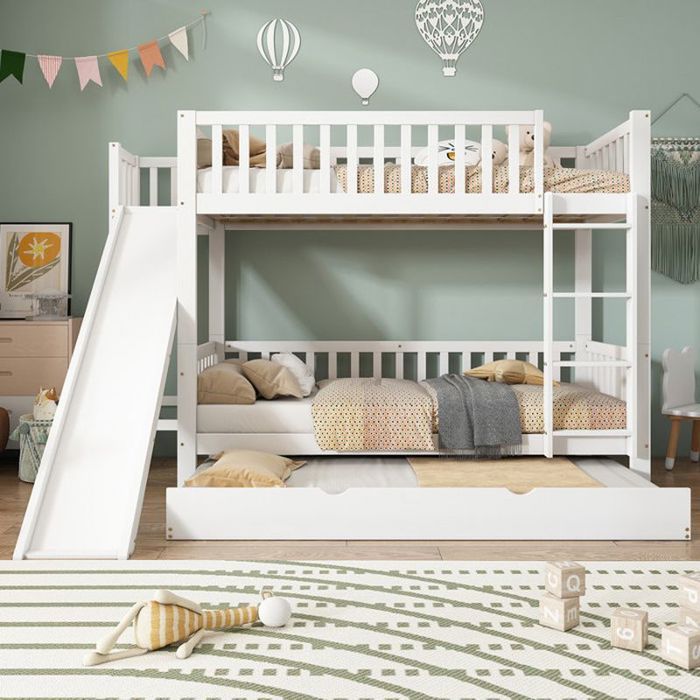 Lit enfant 2x90x200 cm - Barrière de sécurité de 45 cm de hauteur - Toboggan amovible - 3 places - Blanc - Matelas non inclus
