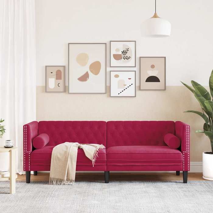 Rouge SOFA - PHSH - Canapé Chesterfield avec traversins 3 places - contemporain - velours C1966 Rouge SOFA - PHSH - Canapé Chesterfield avec traversins 3 places - contemporain - velours C1966