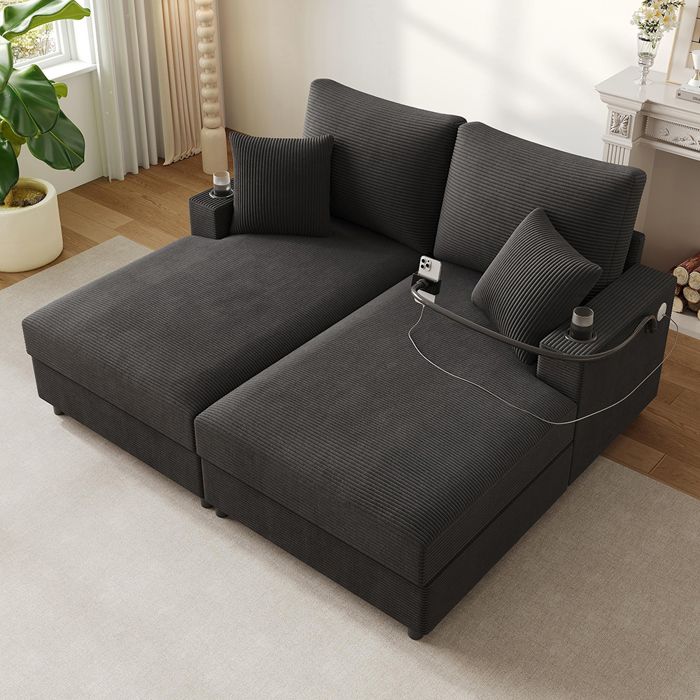 Canapé-lit double - XXL 163×140×82 cm - velours côtelé gris - support téléphone 360° - USB/USB‑C porte-gobelets