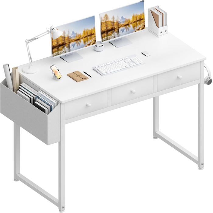 Bureau PC Gamer 100cm Blanc avec Sac de Rangement et 2 Tiroirs - Bureau Compact pour Travail/Jeu - Enfants et Ados Filles