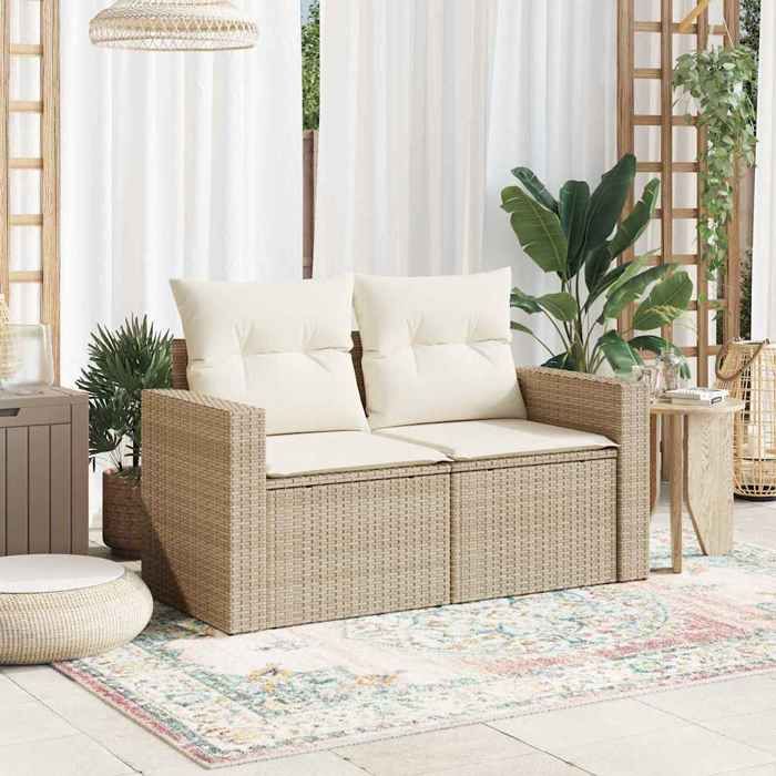 (Beige)Salon dextérieur - Canapé de jardin - Sofa de jardin - avec coussins 2 places beige résine tressée - 131x62x69 cm @FR92913